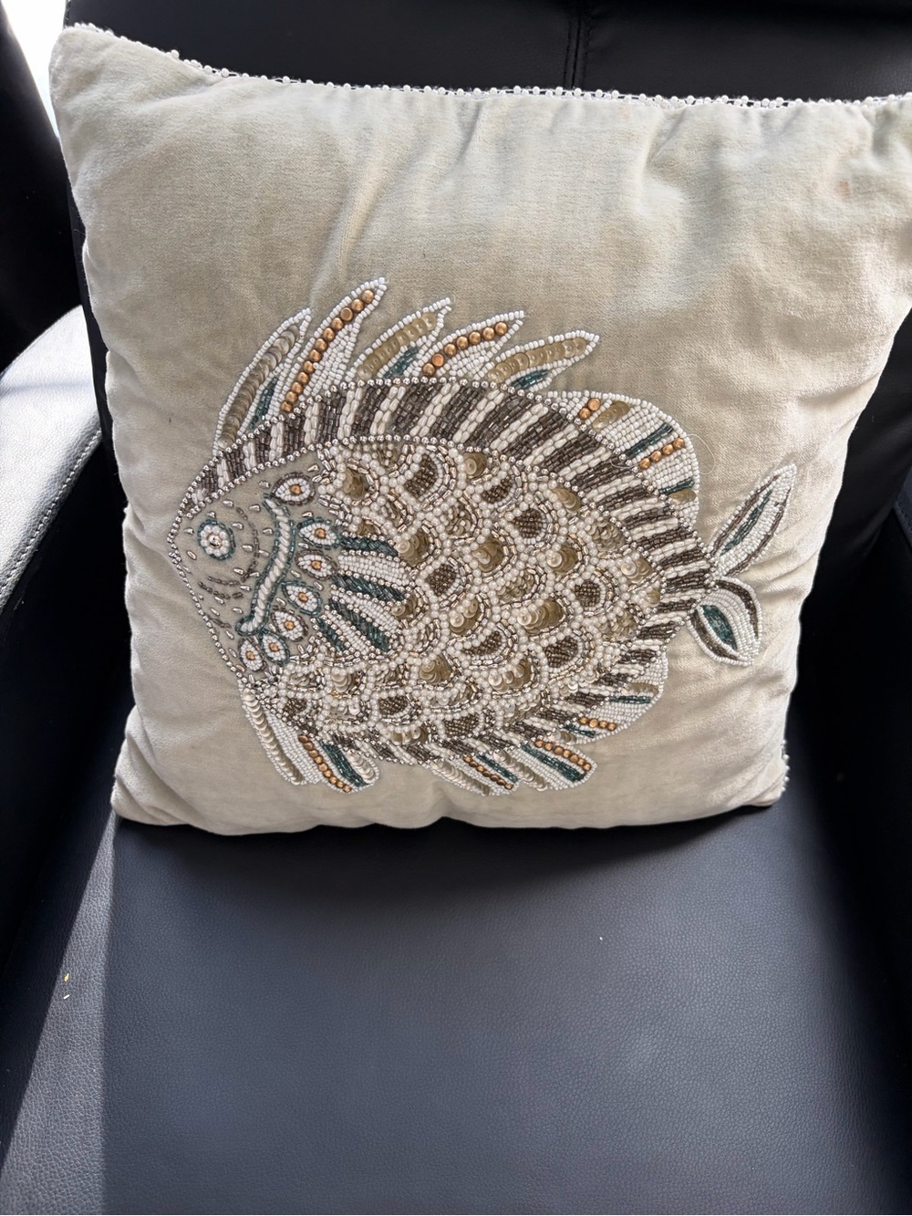 Beaded Fish Accent Pillow - soft blue/ grey with Teal & Gold Detailing